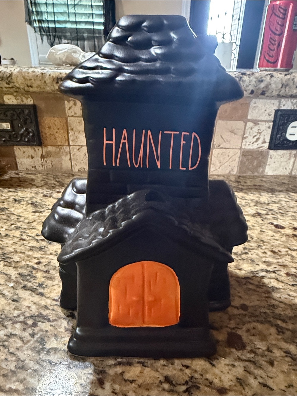 Rae Dunn Black Haunted Ceramic House with Orange Door